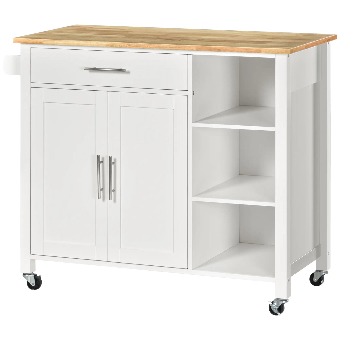 Space-Saving Trolley with Wheels, Solid Wood Kitchen Peninsula: 1 Drawer, 1 Cabinet, 3 Shelves and 4 Wheels, 107.5x48x89 cm