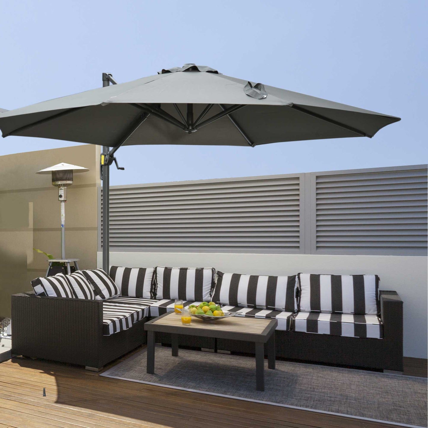 Hand Crank Garden Umbrella with 8 Ribs and Adjustable Angle, Ø2.95x2.5 m, Grey