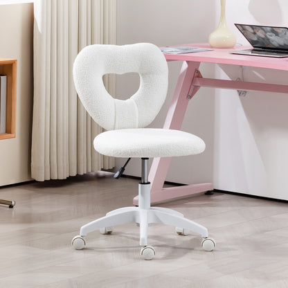 Padded Office Chair with Heart-Shaped Backrest and Wheels, in Teddy Velvet and Plastic, 45x56x78-88 cm, White