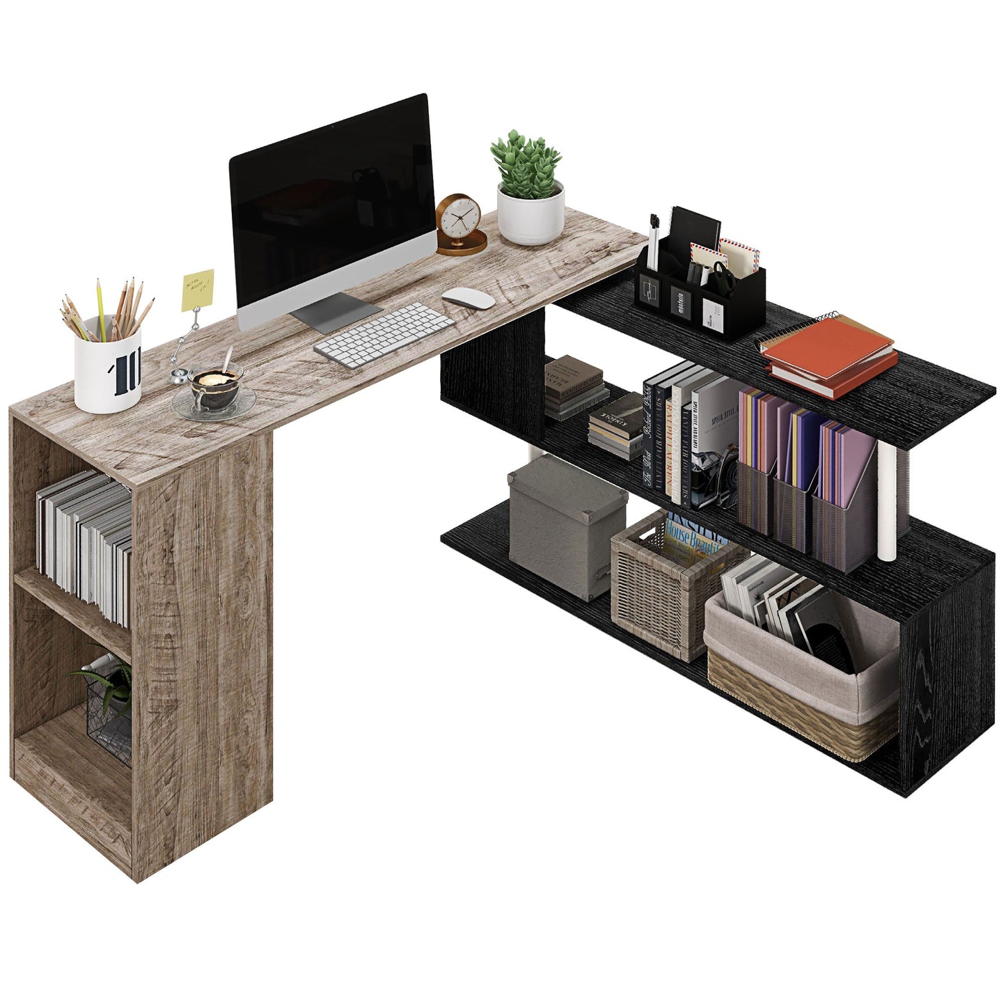 Space-Saving Corner Desk with S-Shaped Shelf, Wooden, 140x120x78 cm, Wood Effect Grey
