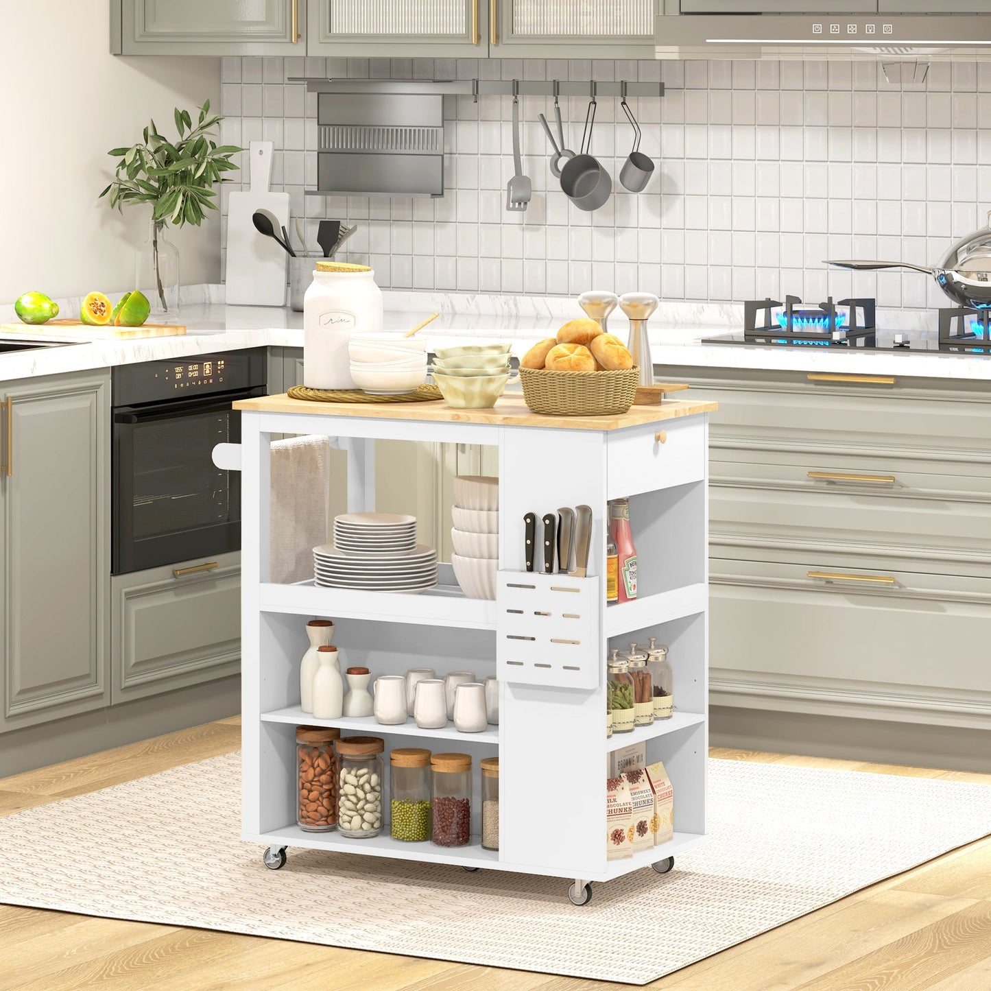 Kitchen Island Cart with Adjustable Shelves, Knife Holder and Wooden Top, 86.5x47x88 cm, White