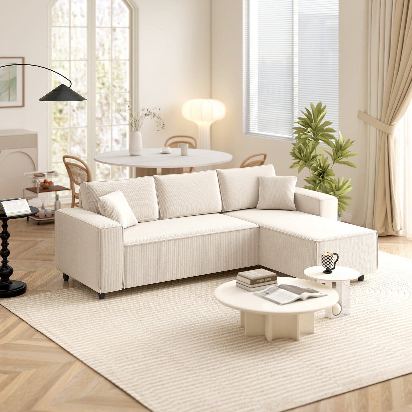 3 Seater Sofa with Peninsula in Velvet Effect Fabric, Foam and Nylon, 241x153x83 cm, Cream White