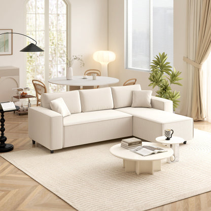 3 Seater Sofa with Peninsula in Velvet Effect Fabric, Foam and Nylon, 241x153x83 cm, Cream White
