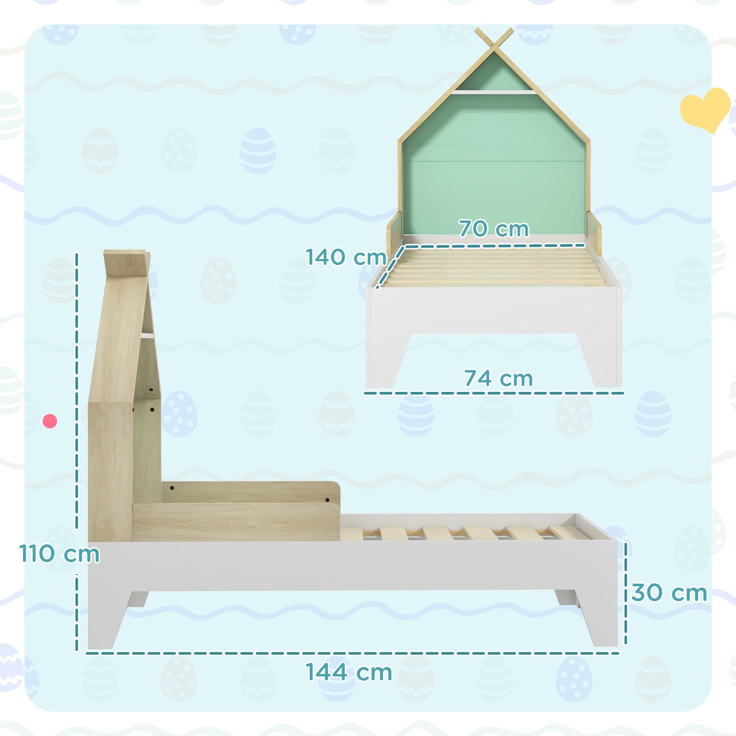 Children's Bed 3-8 Years Old House-Shaped with Wooden Sides, 144x74x110cm, Green