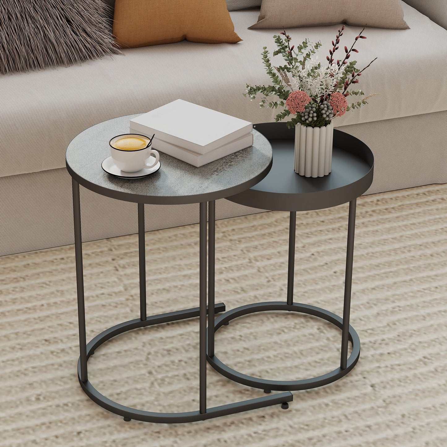 Set of 2 Industrial Style Stackable Coffee Tables, Wood and Metal, Ø42x54 cm and Ø36.5x48.5 cm, Grey and Black
