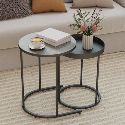 Set of 2 Industrial Style Stackable Coffee Tables, Wood and Metal, Ø42x54 cm and Ø36.5x48.5 cm, Grey and Black