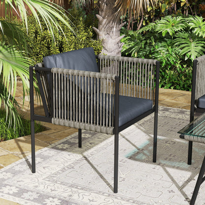 Rattan Garden Lounge Set with 2 Armchairs, 2 Seater Sofa and Glass Coffee Table, Grey