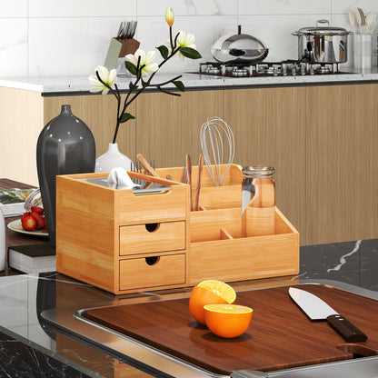 Bamboo Desk Organizer with 2 Drawers and 7 Compartments, 33x20.5x15.5 cm