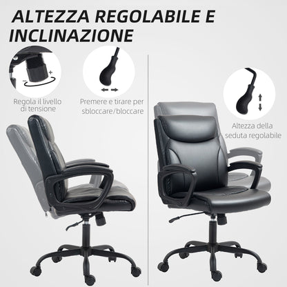 Height Adjustable Reclining Office Chair in Faux Leather and Steel, 60x68x95.5-105 cm, Black