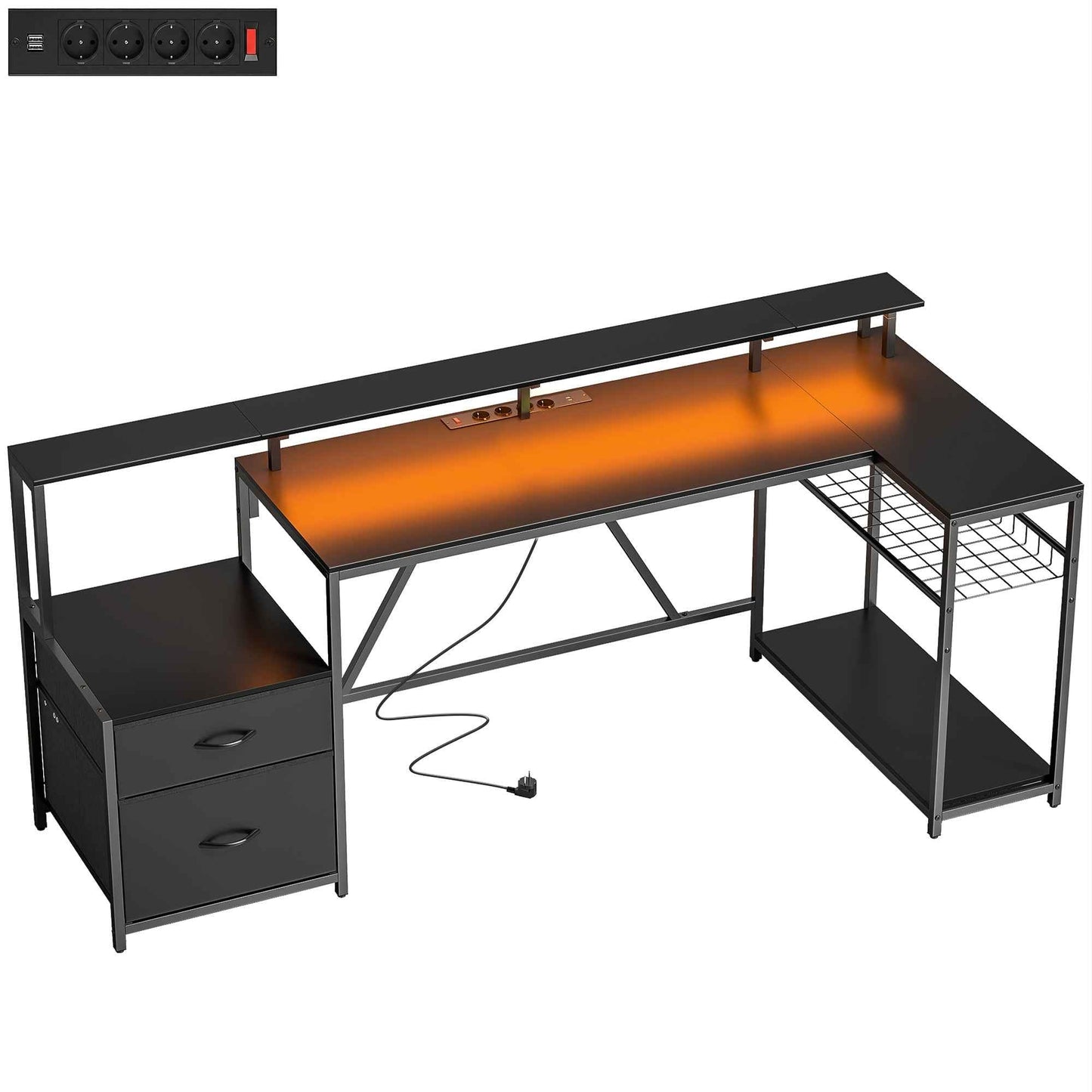 Corner Gaming Desk with Charging Hub, LED Lights and Monitor Stand, Wood and Steel, 192.5x80x86.5 cm, Black