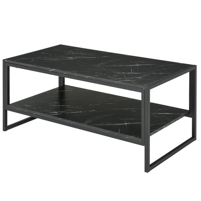 MALORCA | Black Marble Effect Coffee Table with Lower Shelf for Living Room or Office, 106x50x45cm
