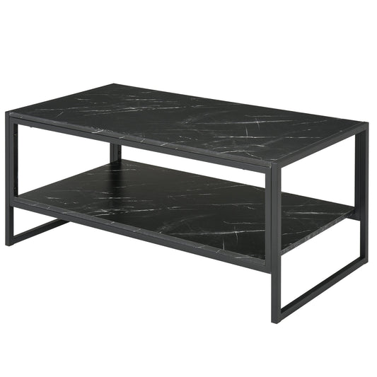 MALORCA | Black Marble Effect Coffee Table with Lower Shelf for Living Room or Office, 106x50x45cm