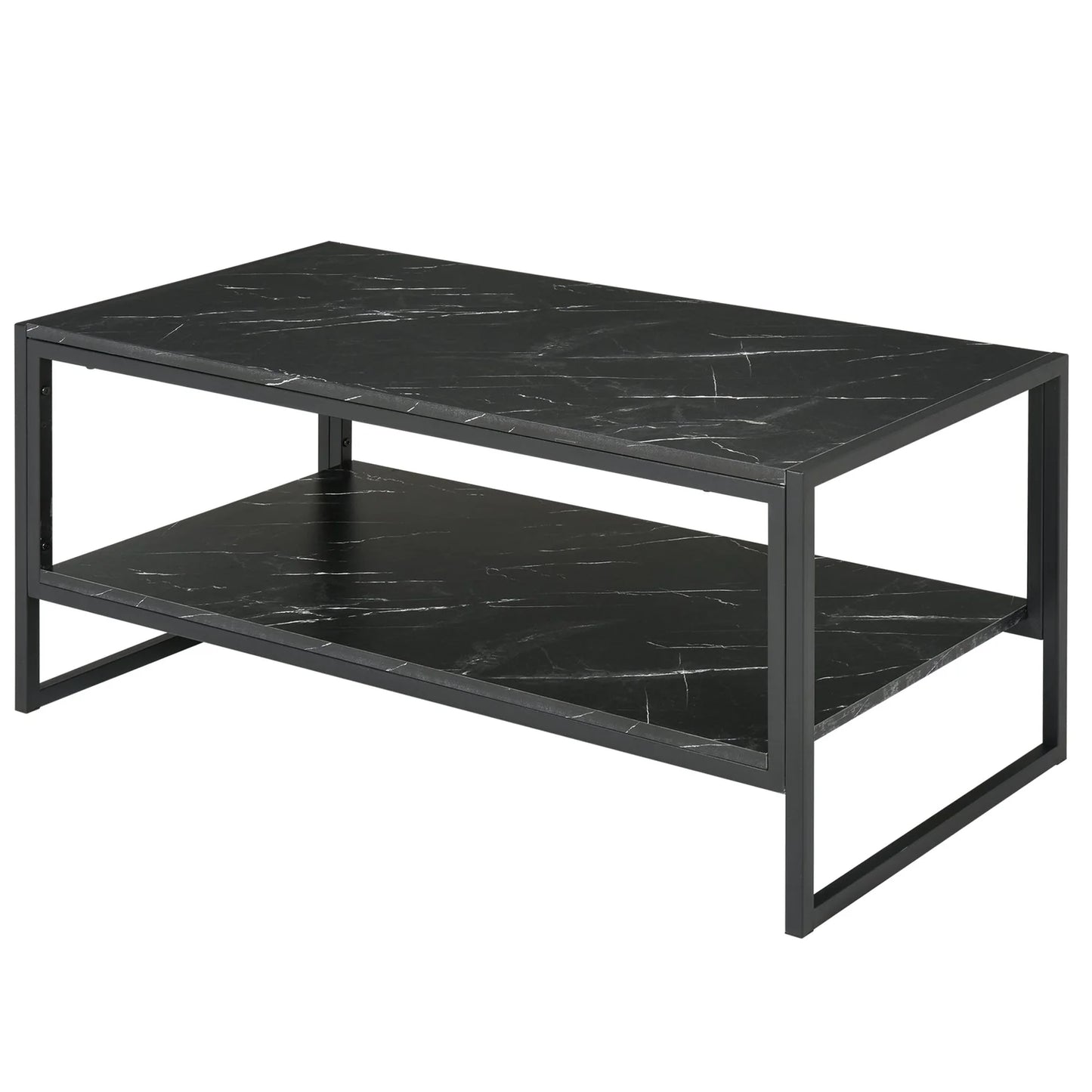 Modern Black Marble Coffee Table with Steel Frame and Storage Shelf