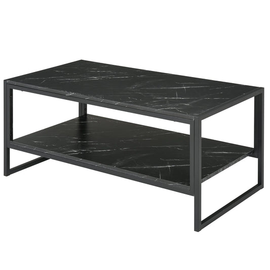 Modern Black Marble Coffee Table with Steel Frame and Storage Shelf