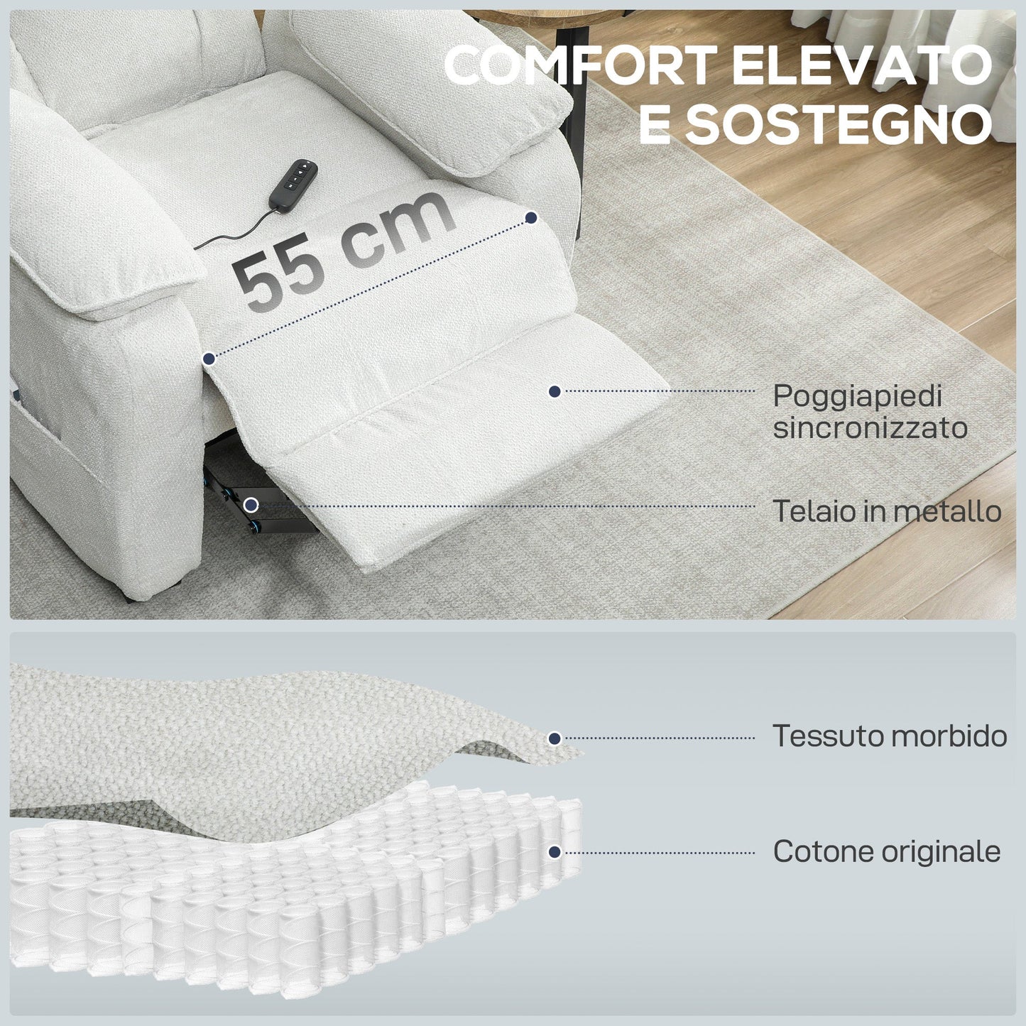 150° Reclining Velvet Armchair with Footrest, Remote Control and Side Pocket, 96x90x103 cm, Beige