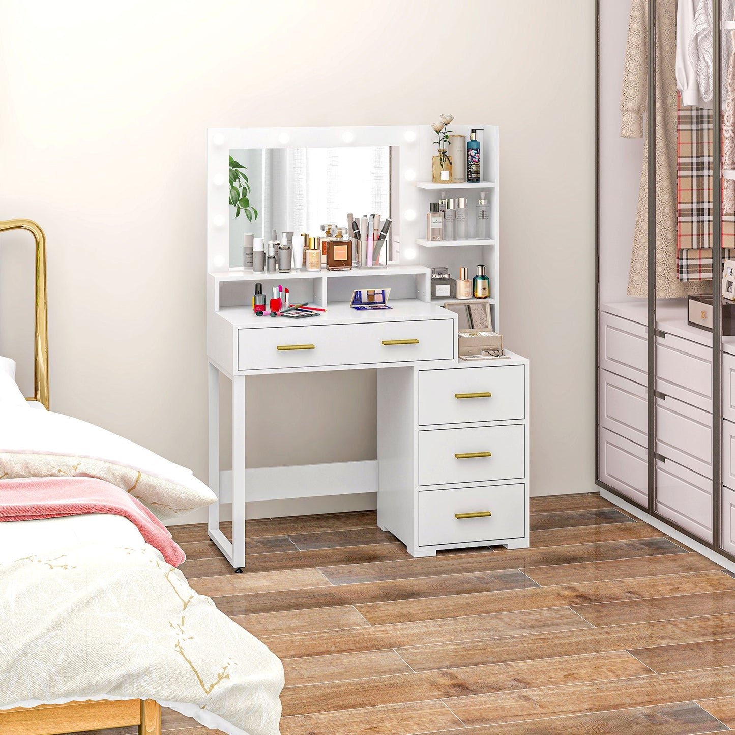 Wooden Makeup Table with 4 Drawers, 6 Open Shelves and Mirror, 100x40x138 cm, White
