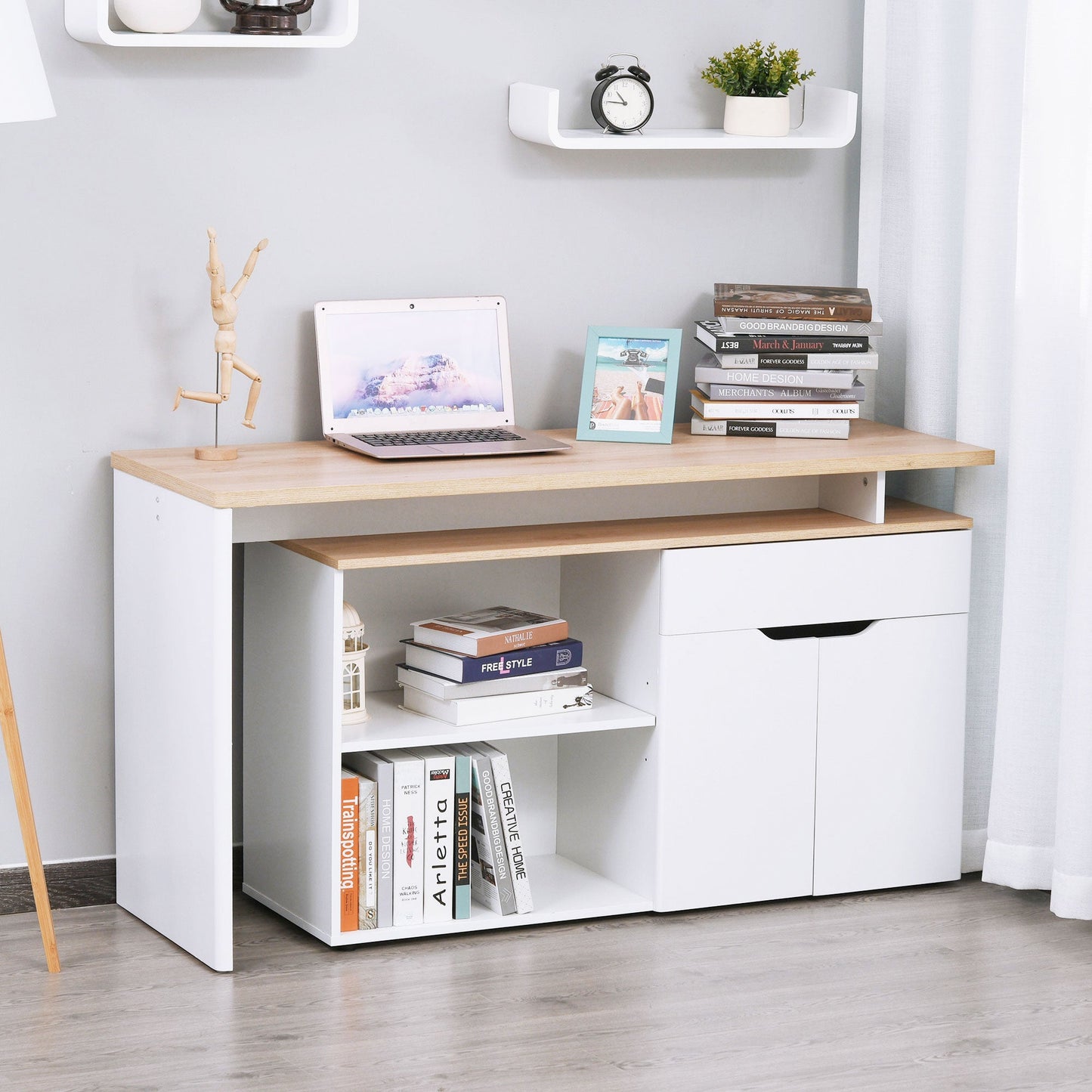 Corner Desk with 2-Tier Bookcase, Cabinet and Drawer, 140x117x76 cm, Wood and White