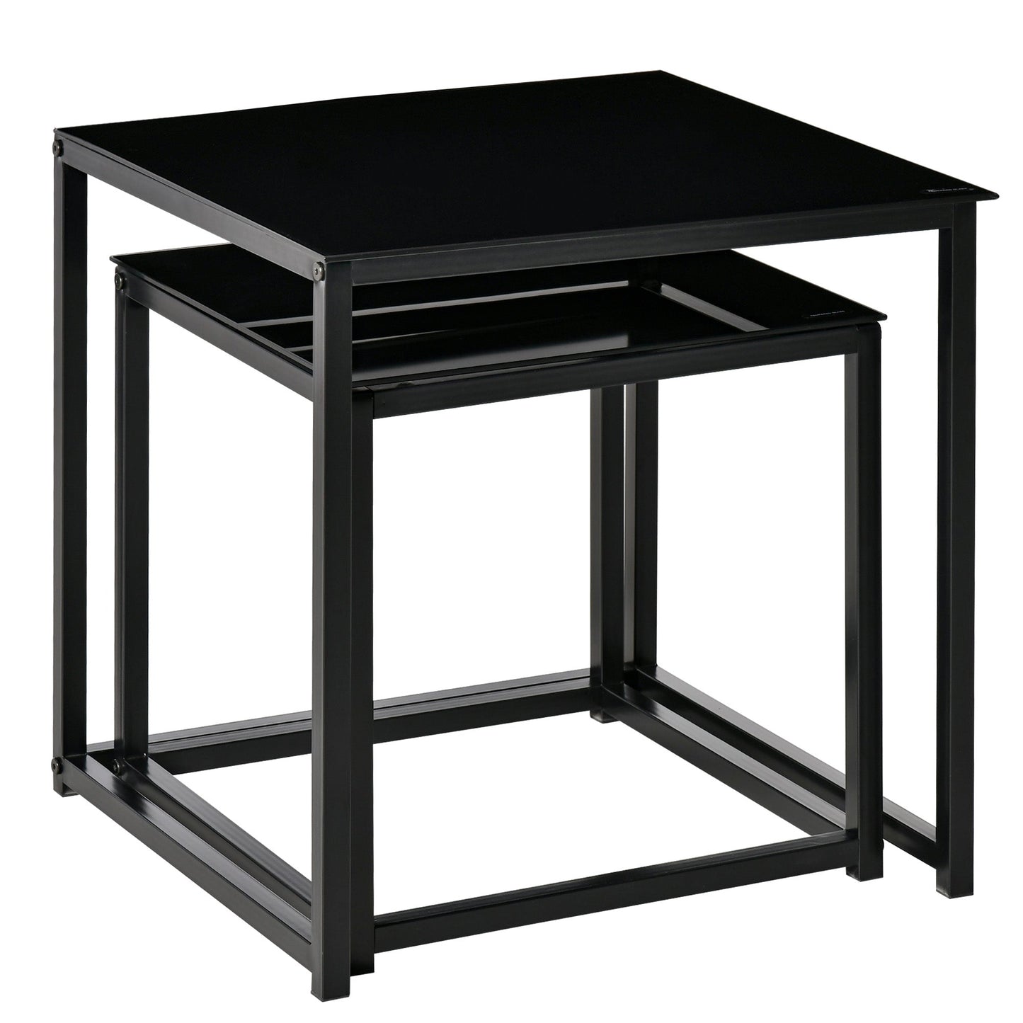 Set of 2 Modern Square Coffee Tables, in Steel and Tempered Glass, Black