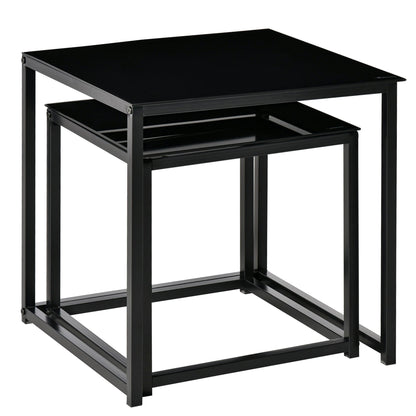 Set of 2 Modern Square Coffee Tables, in Steel and Tempered Glass, Black