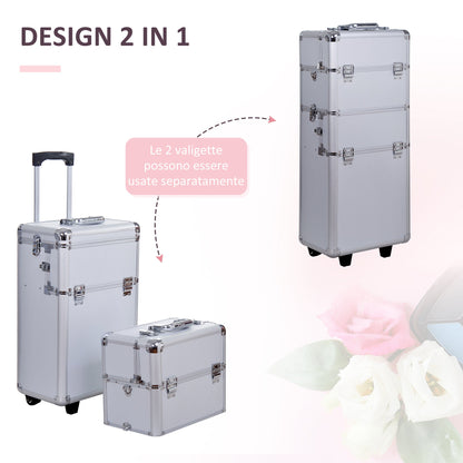 Beauty Case with 3-Level Adjustable Handle and Wheels, Professional Makeup Trolley for Make Up in Aluminum, 35.5x23x105 cm, Silver