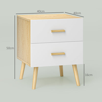 Scandinavian Style Wooden Bedside Table with 2 Drawers, 40x40x50 cm, Oak