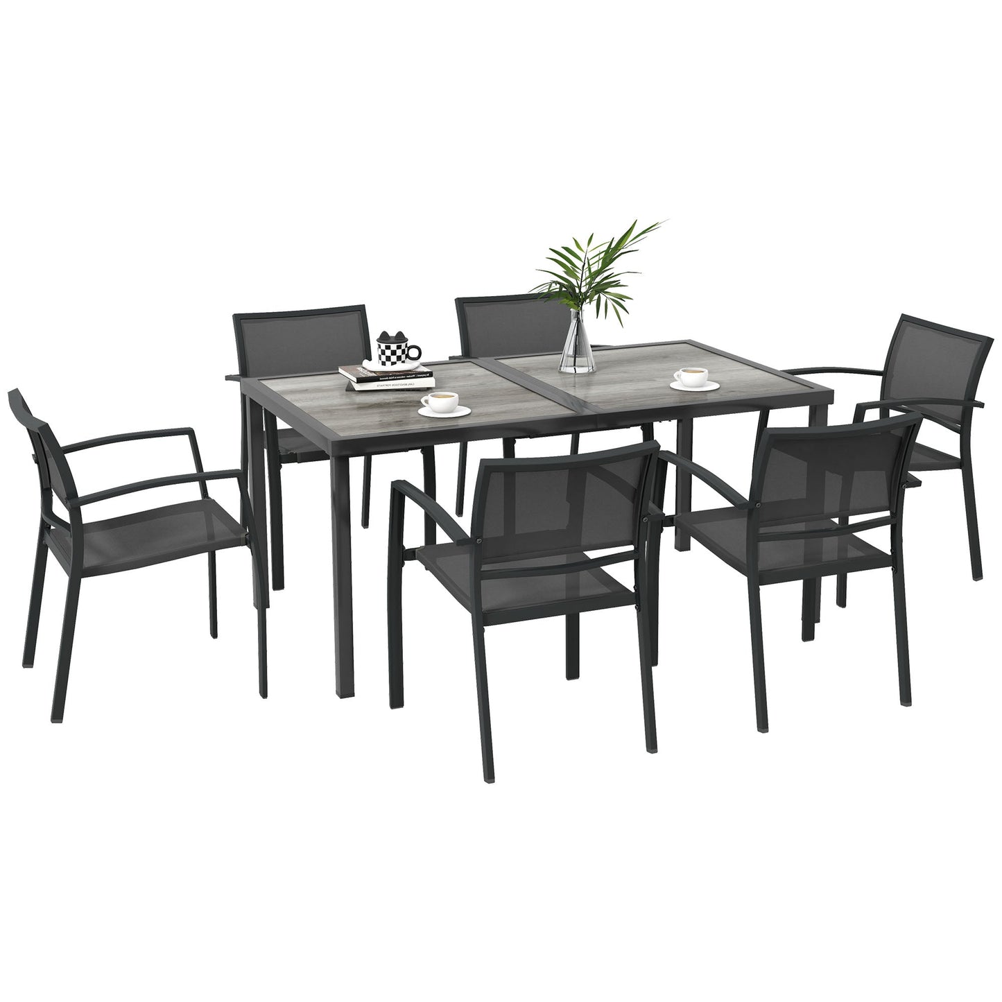 Garden Set with 6 Stackable Mesh Fabric Chairs and Wood Effect Table, Grey