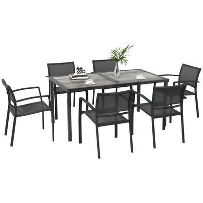 Garden Set with 6 Stackable Mesh Fabric Chairs and Wood Effect Table, Grey