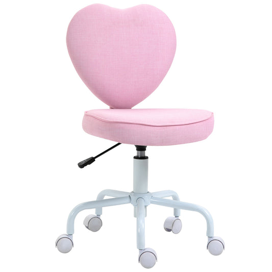 Heart-Shaped Desk Chair with 5 Wheels and Adjustable Height in Pink Fabric, 40x50x79-89cm
