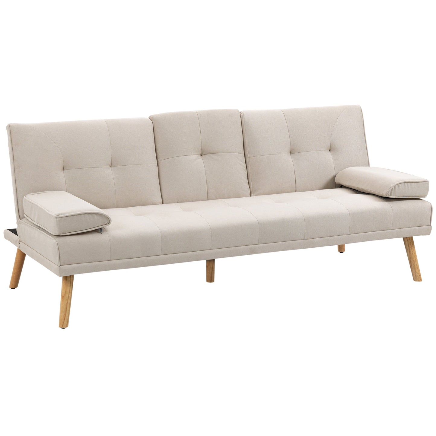 3 Seater Reclining Sofa Bed with Linen Effect Upholstery and Drop-Leaf Table, Beige