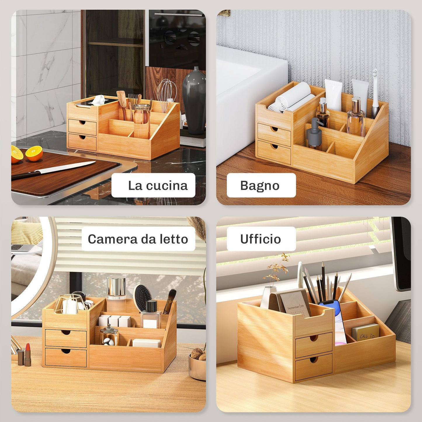 Bamboo Desk Organizer with 2 Drawers and 7 Compartments, 33x20.5x15.5 cm