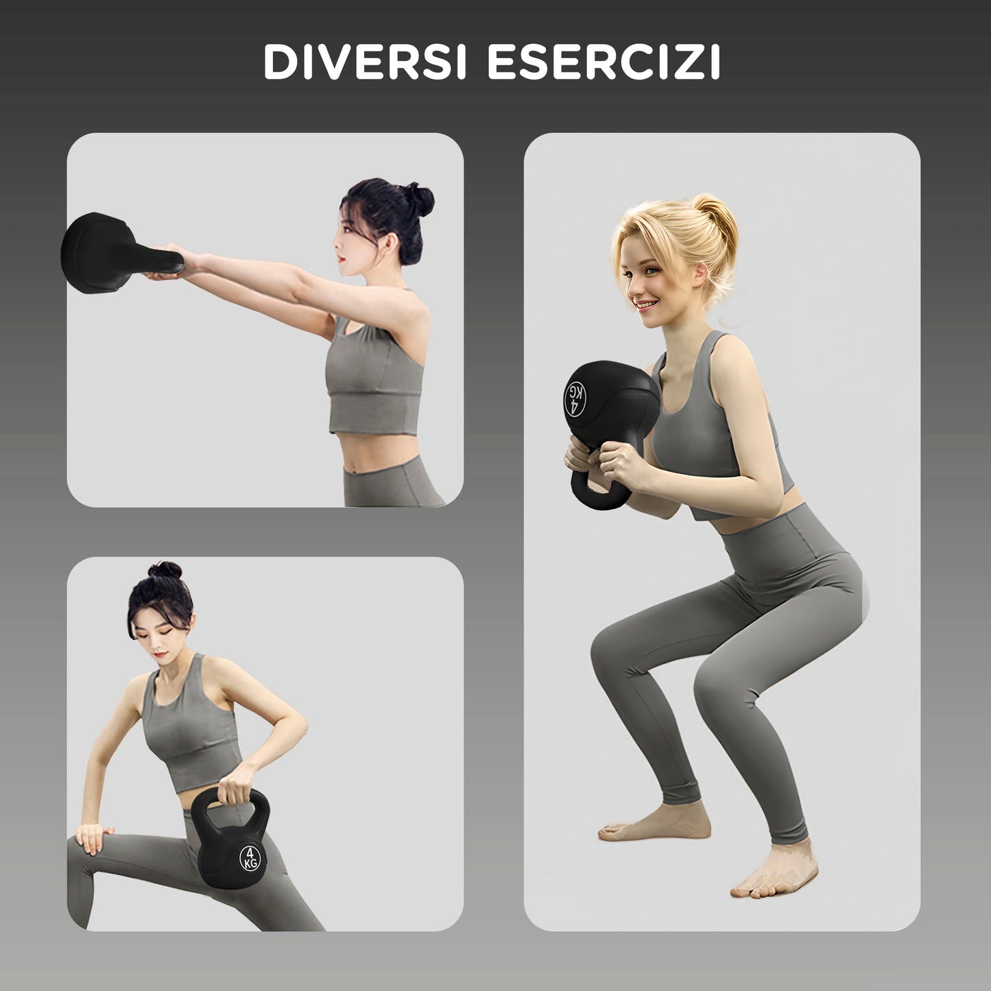 Kettlebell 4kg in Plastic and Sand with Flat Base and Handle, 18x12x20 cm, Black