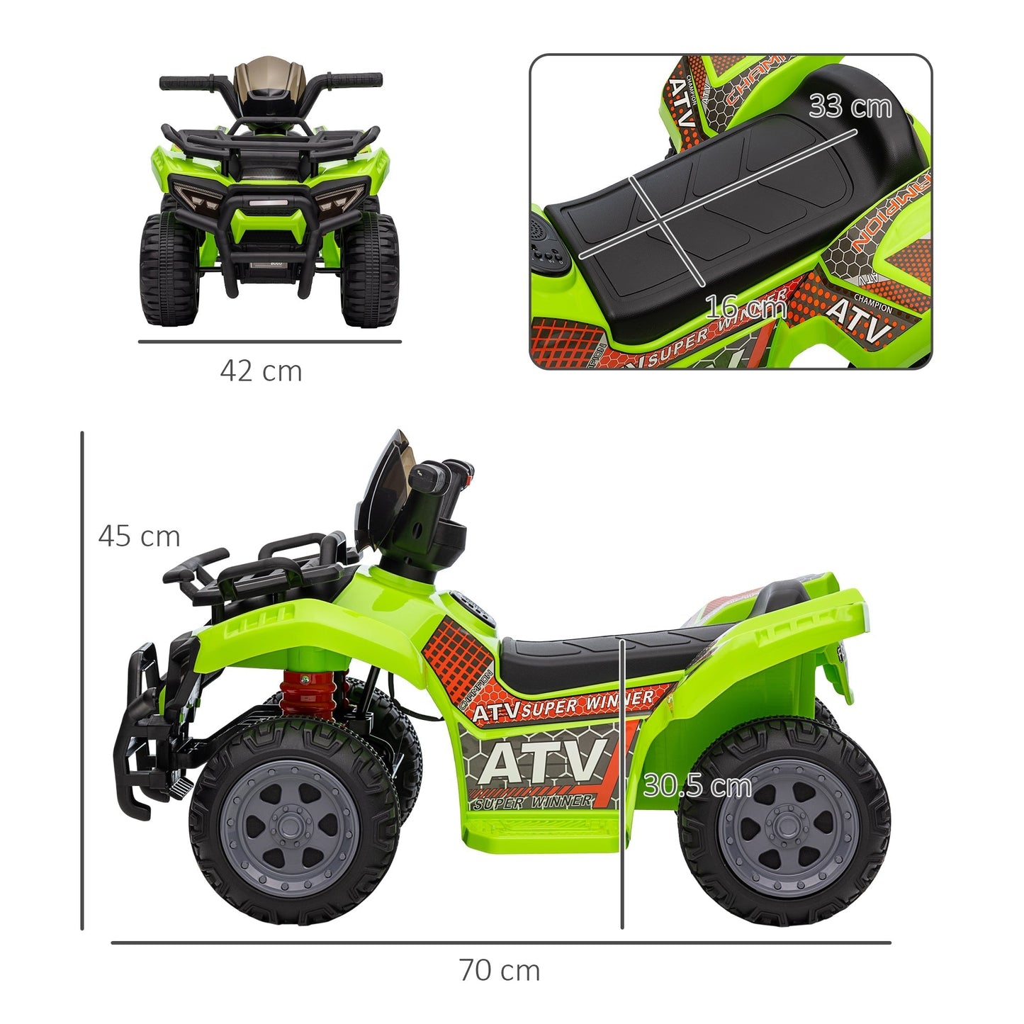 Quad electric for children with 6V rechargeable battery, accelerator button, age 18-36 months, 70x42x45cm, green