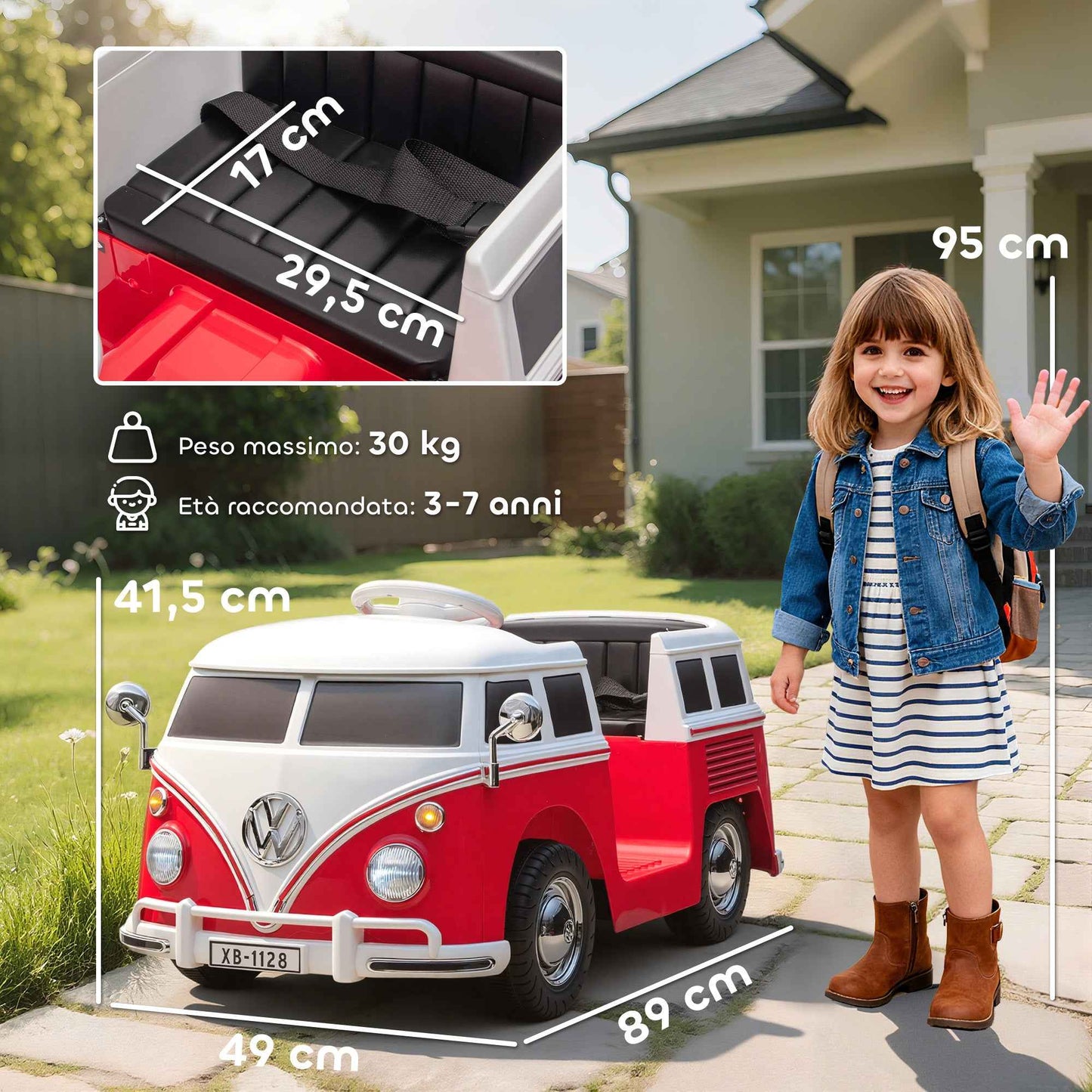 Volkswagen T1 Licensed Children's Electric Ride-On Car with MP3 Player, Metal and PP, 89x49x41.5 cm, Red