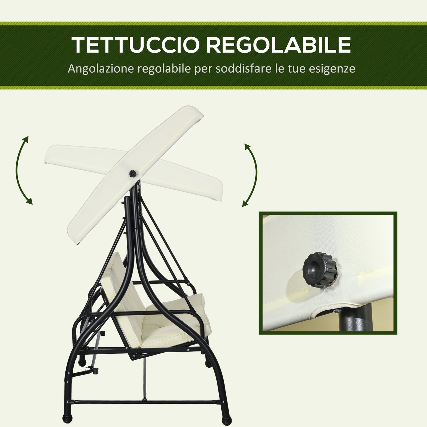 3 Seater Garden Swing Bed with Adjustable Canopy, Steel and Polyester, 195x117x175 cm, Cream and Black