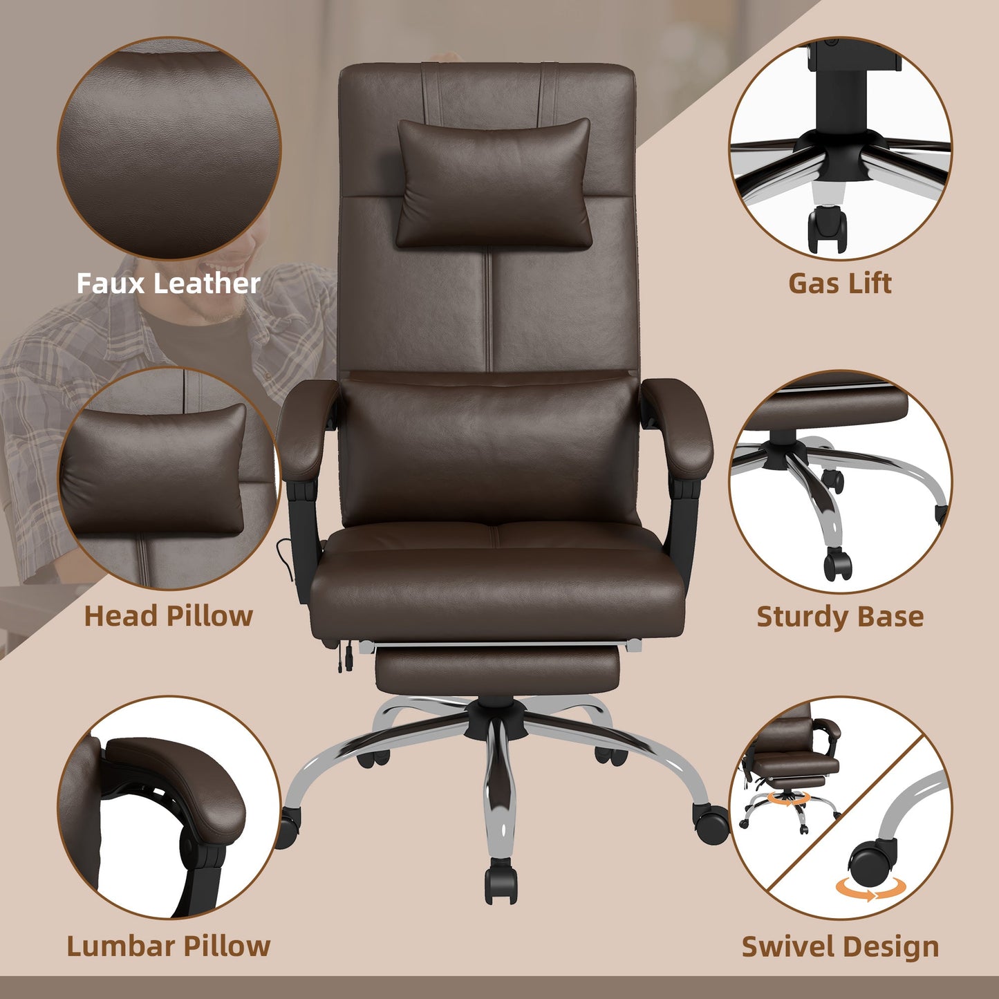 Height Adjustable Massage Office Chair with Footrest and Remote Control, 66x67x115-123 cm, Brown