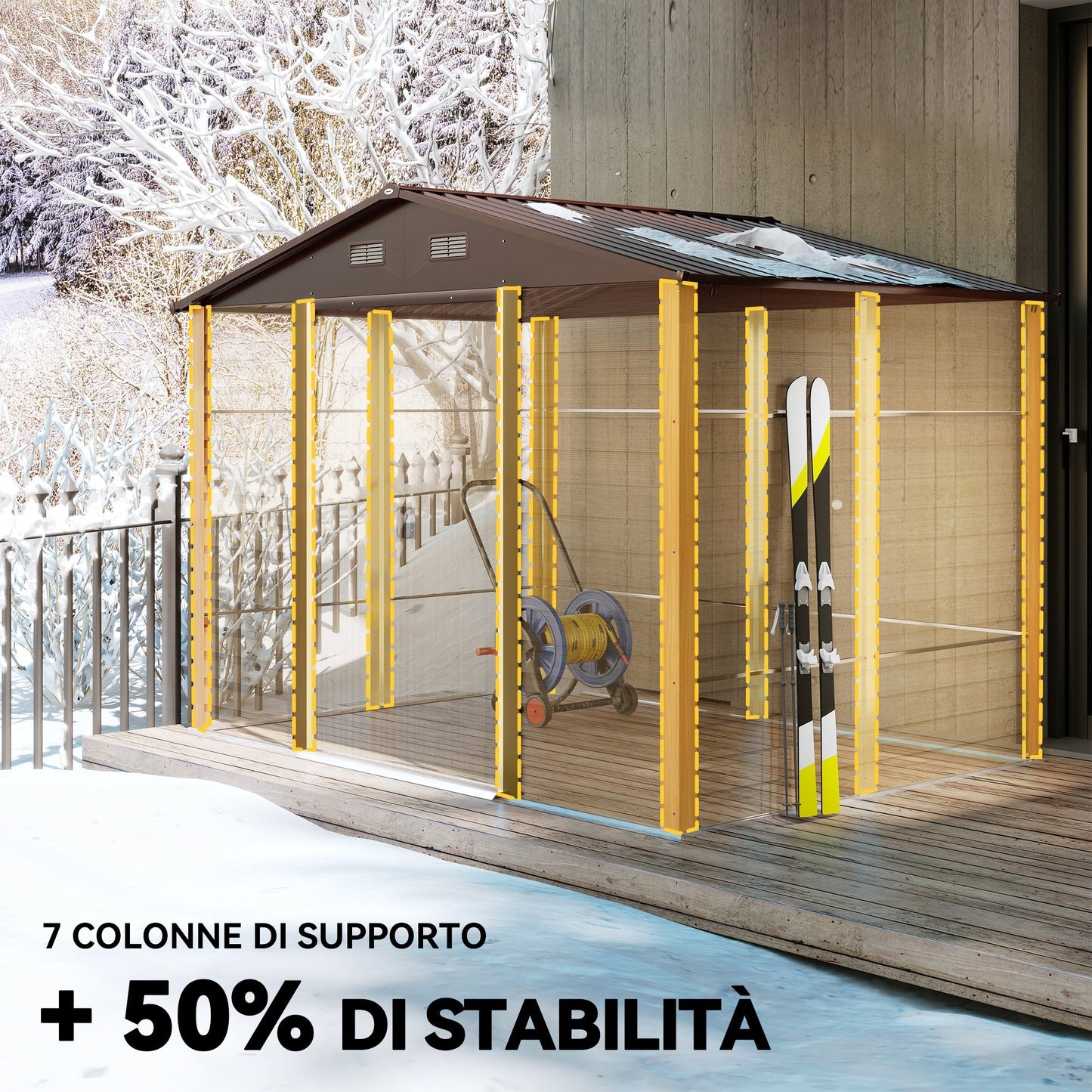 Garden Shed in Steel with Wood Effect and Double Sliding Doors, 278x195x215 cm, Brown