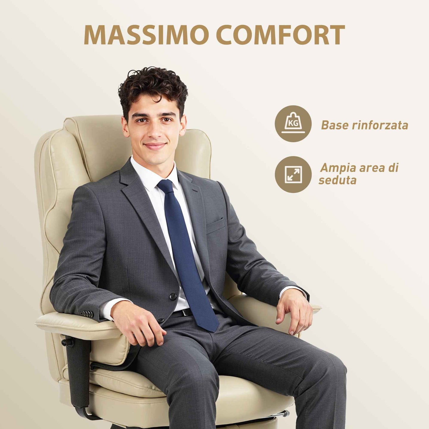 Office Chair with Footrest and Headrest, PU Leather, Foam and Metal, 76x73x117-125 cm, Cream White