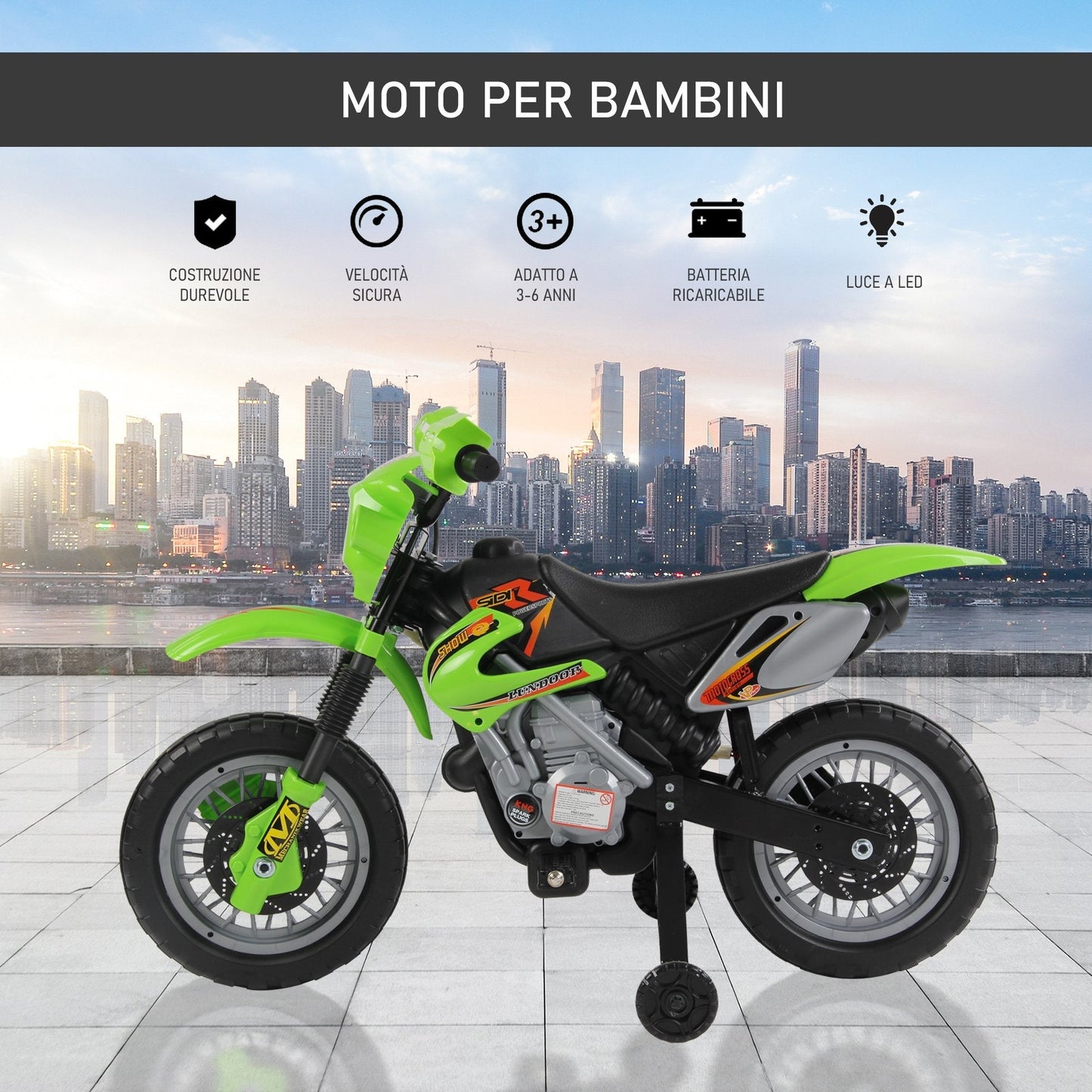 Moto Electric Cross with green wheels for children 3 years and more, 6v speed 6v 2.5km/h battery, 102 x 53 x 66cm