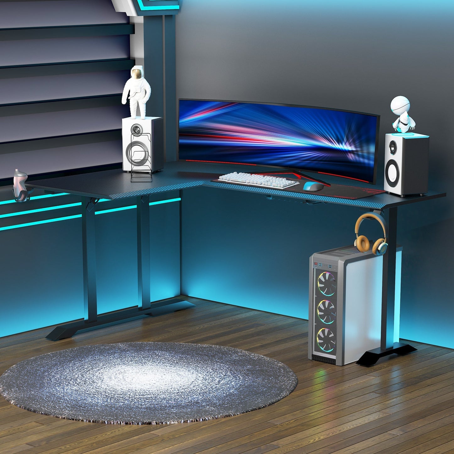 Corner Desk in Black for Gaming and Office with gamepad support and mat