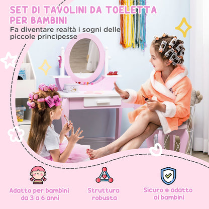 Kids Makeup Dressing Table Set with Mirror Table and Stool, Ages 3-6 Years, Pink