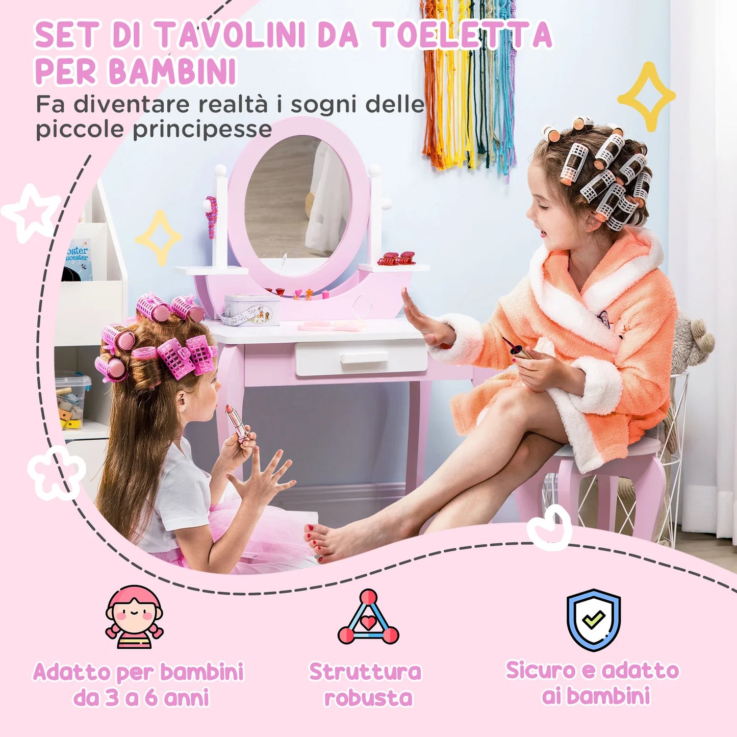 Kids Pink Vanity Table Set with Mirror & Stool