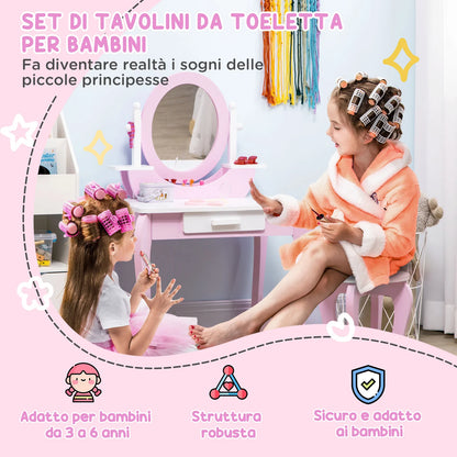 Kids Pink Vanity Table Set with Mirror & Stool