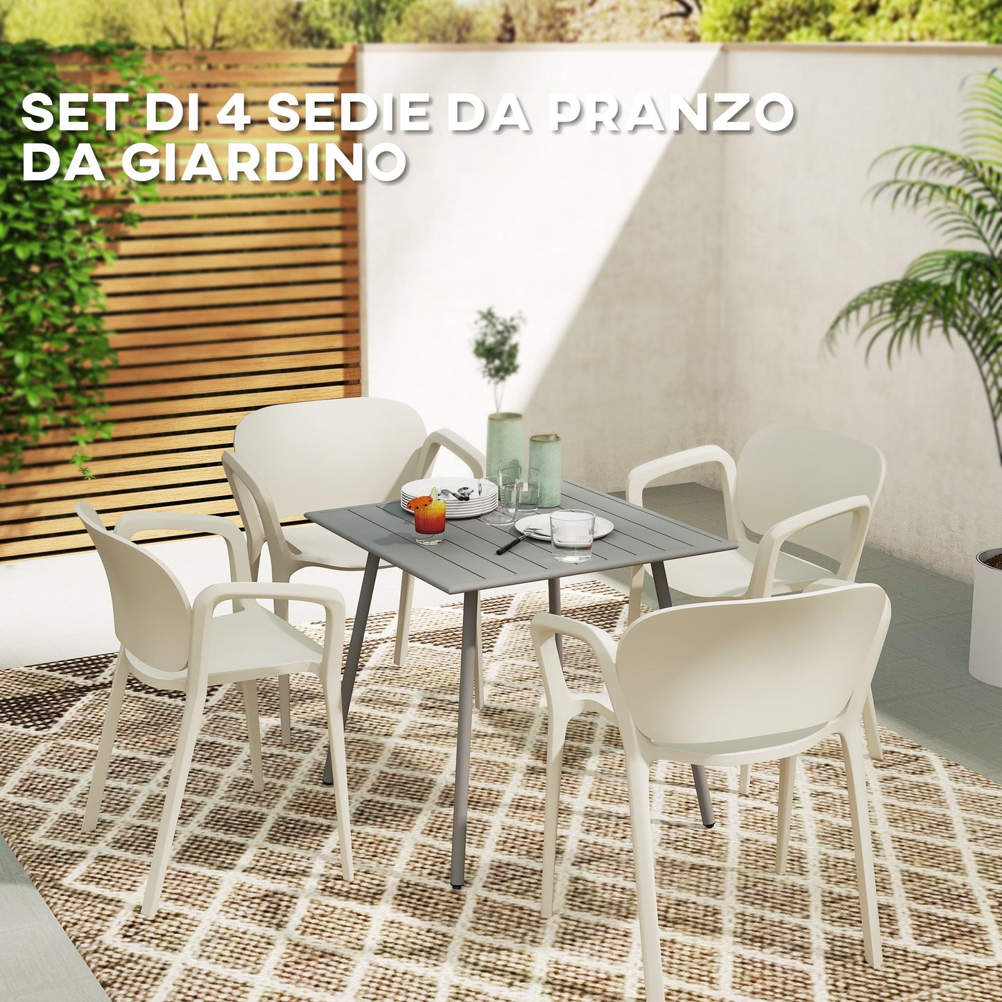 Set of 4 Stackable Garden Chairs in PP with Modern Design with Armrests 60x56x75 cm, White