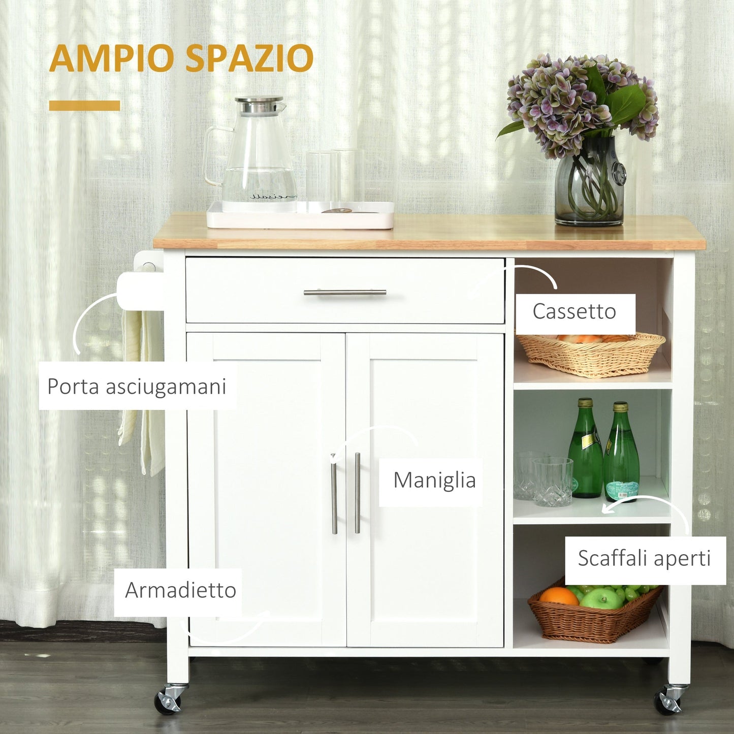 Space-Saving Trolley with Wheels, Solid Wood Kitchen Peninsula: 1 Drawer, 1 Cabinet, 3 Shelves and 4 Wheels, 107.5x48x89 cm