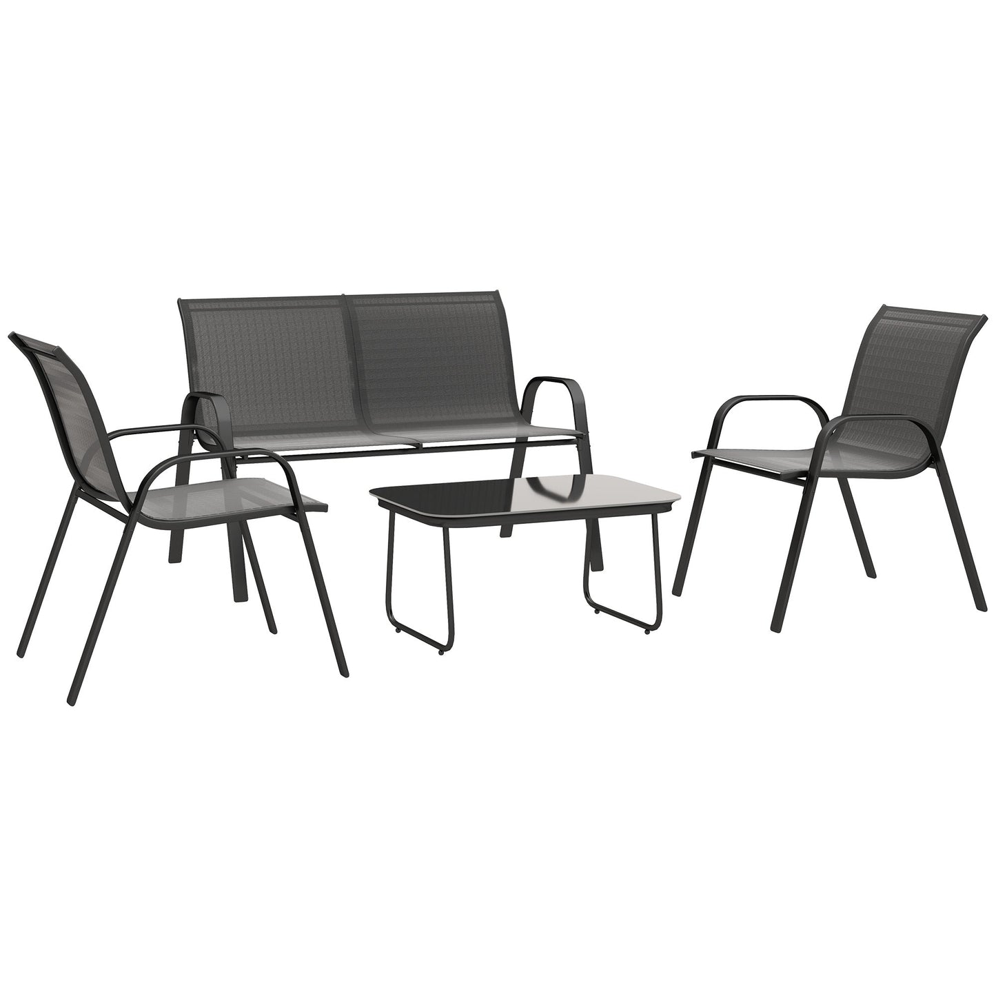 Garden Set with 2 Seater Sofa, 2 Stackable Armchairs and Glass Coffee Table, Black
