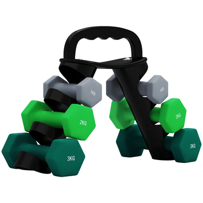 Set of 6 Dumbbell Weights (2x1 kg, 2x2 kg, 2x3 kg) of 12 kg with Stand/Kettlebell, in Metal and Multicolored Plastic
