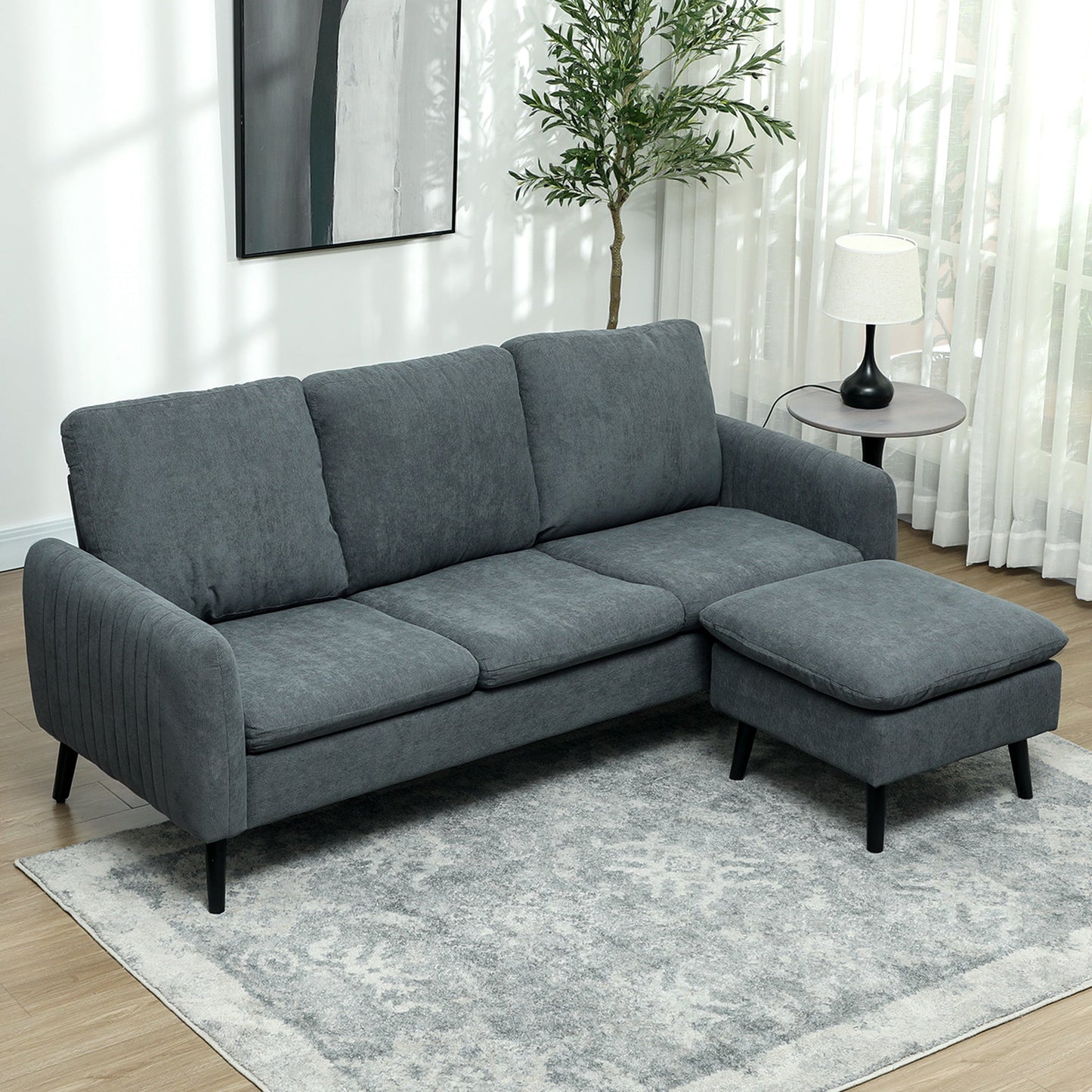 3 Seater Corner Sofa with Reversible Chaise Longue, in Velvet Effect Fabric, 196x140x88 cm, Charcoal Grey