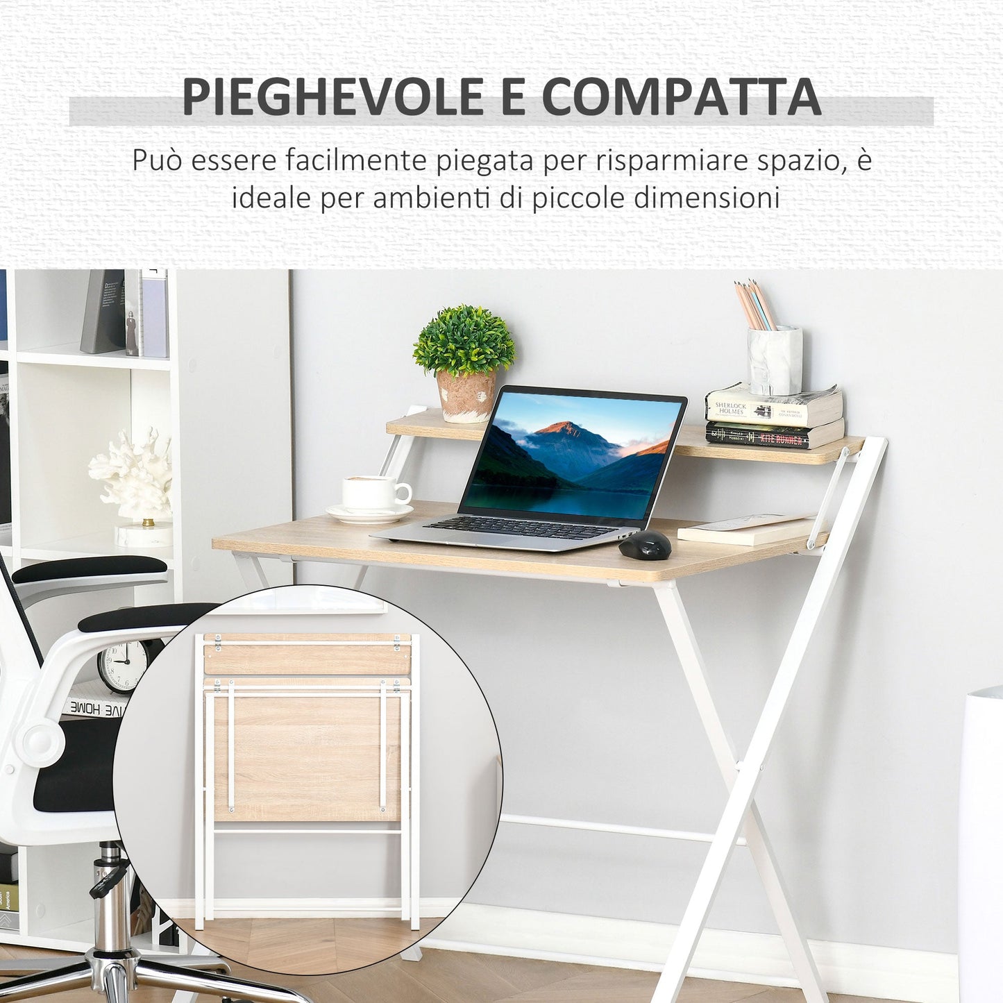 Folding Desk Space with Superior Shelf for Room and Office, 81.5x70x84cm, Wood and White Color