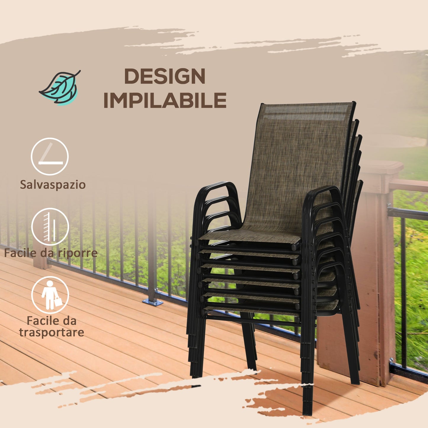 Garden Chairs Set of 6, Stackable Outdoor Chairs in Metal and Breathable Fabric, Brown