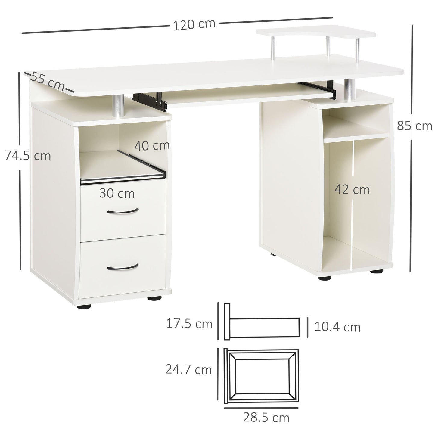 PC Desk with Keyboard and Monitor Shelf and 2 Drawers, 120x55x85 cm, White